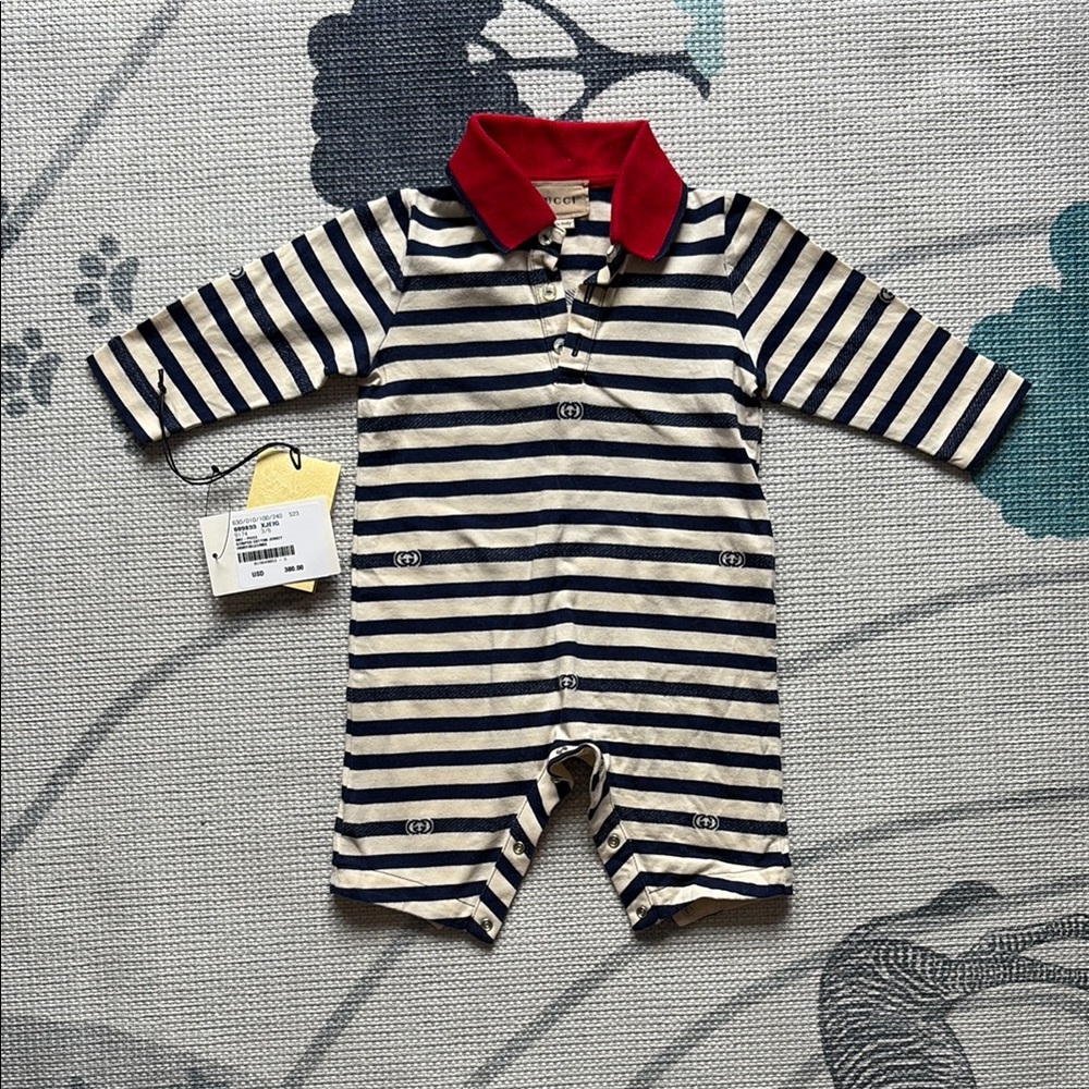 Gucci Striped Navy and Red Collar Kids One Piece